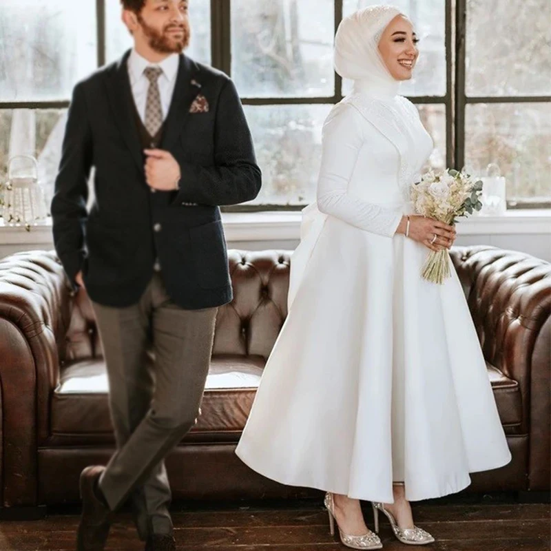 

YiMinpwp Muslim White Wedding Dresses for Women O Neck Long Sleeve Ankle Length Pleats Appliques Big Bow Bridal Gowns