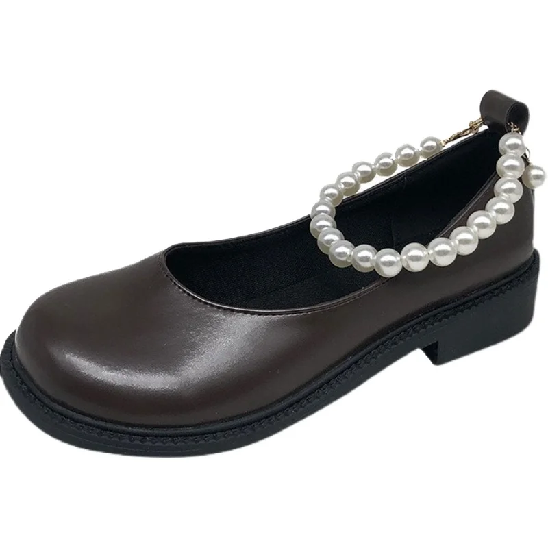 

Retro Mary Janes Single Shoes Women's 2021 Spring And Autumn New Thick Heel Round Head Pearl Chain Flats Shoes Woman Shoe Loafer