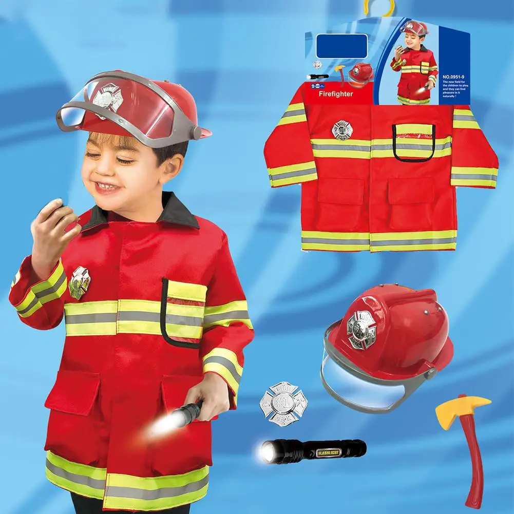 

Children's Firefighter Uniform Suit Role-playing Props Holiday Fireman Costume Toy Kid Pretend Role Play Tools Party Costumes