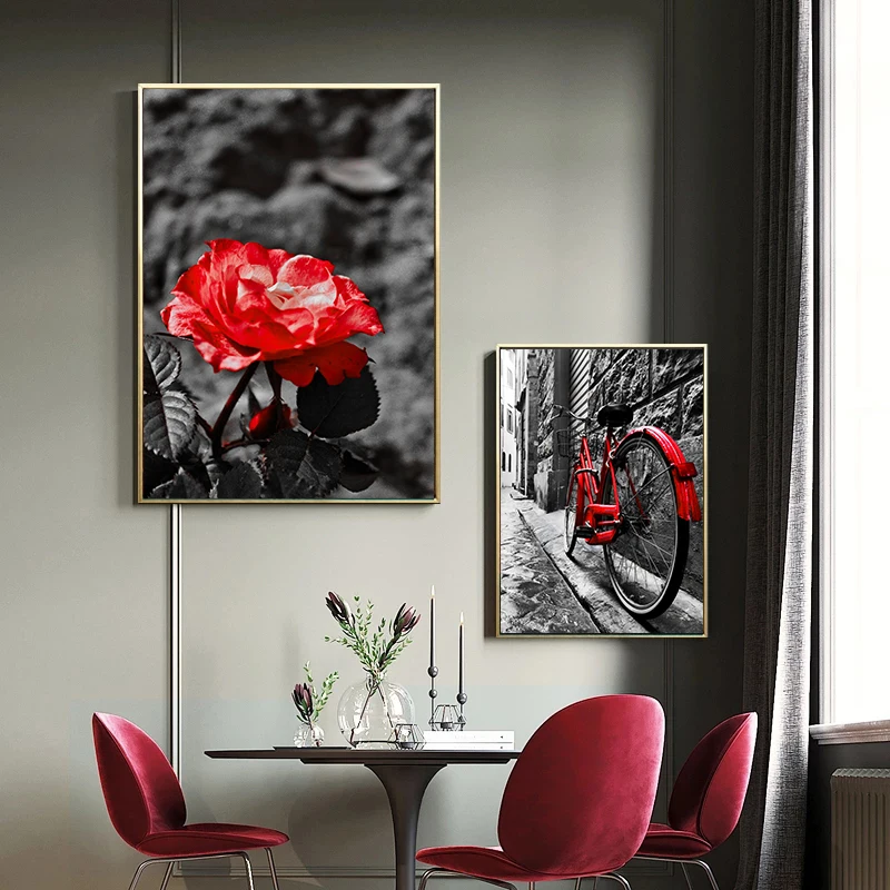 Настенный плакат черного белого красного цвета с принтом зонта дерева городской