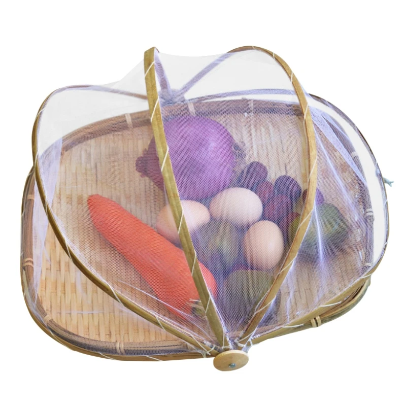 Handmade Bamboo Storage Basket Anti-Mosquito Dustproof Mesh Drying Fruit And Vegetable Tray | Дом и сад