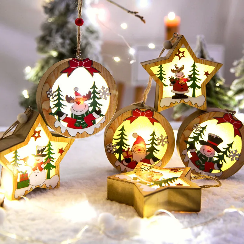 

Рождественские светящиеся деревянные подвесные украшения, украшение для рождественской елки, подвеска, Санта-Клаус, снеговик, олень, украш...