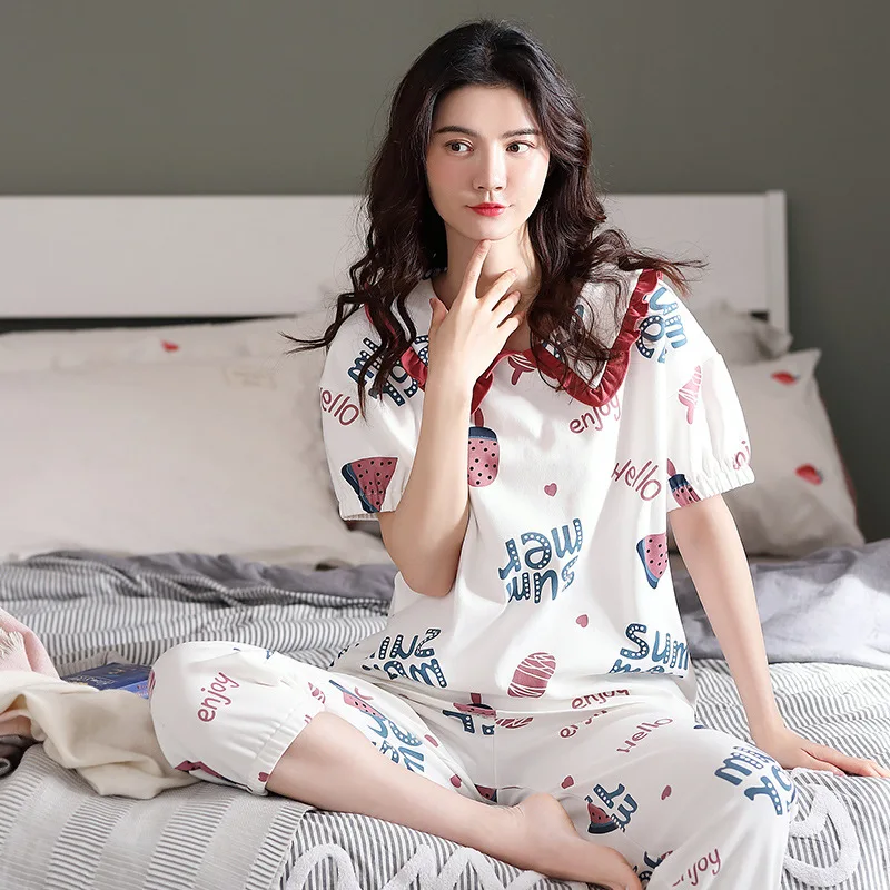 

women sleepwear summer cotton ladies pajamas short-sleeved five-point pants home service suit thin section sleepwear women