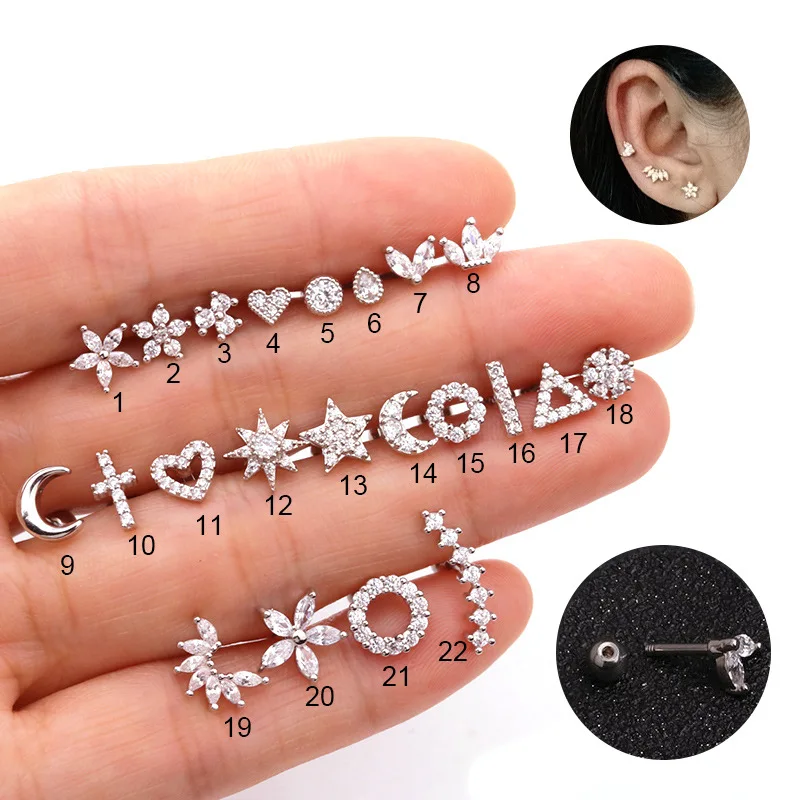 1Piece Unusual Piercing Love Heart Stud Earrings for Women 2020 Jewelry Diameter 1.2mm Moon Star Cross Zircon Earrings ear cuff