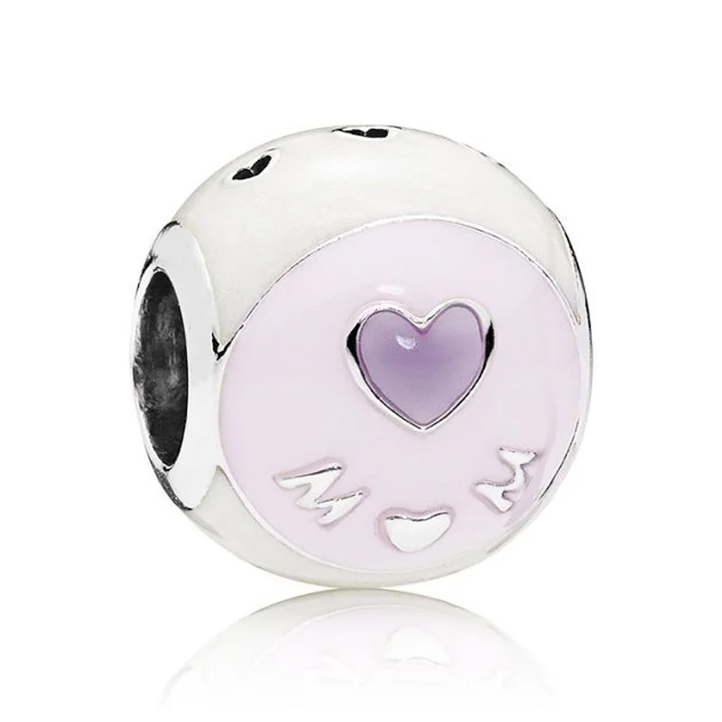 

Original 925 Sterling Silver Charm White & Pink & Purple Enamel Love Heart Love Mum Bead Fit Popular Bracelet DIY Jewelry