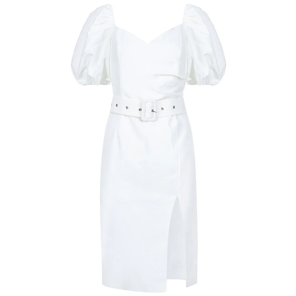 

2020 New Summer Women'S Retro Black White Sexy Belt Puff Sleeves V-Neck Split Knee Dress Bodycon Club Party Dress Vestidos