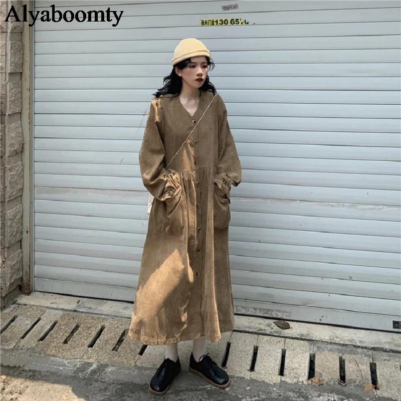 Корейский стиль Ulzzang женское длинное платье с v-образным вырезом черное хаки негабаритное свободное платье с разрезом винтажное вельветовое платье с рукавами-фонариками