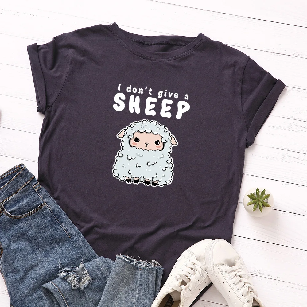 

Casual Women Print T-shirt Cotton T Shirts Sheep Pattern Tees Harajuku Korean Cartoon O Neck Short Sleeve Basic Tops