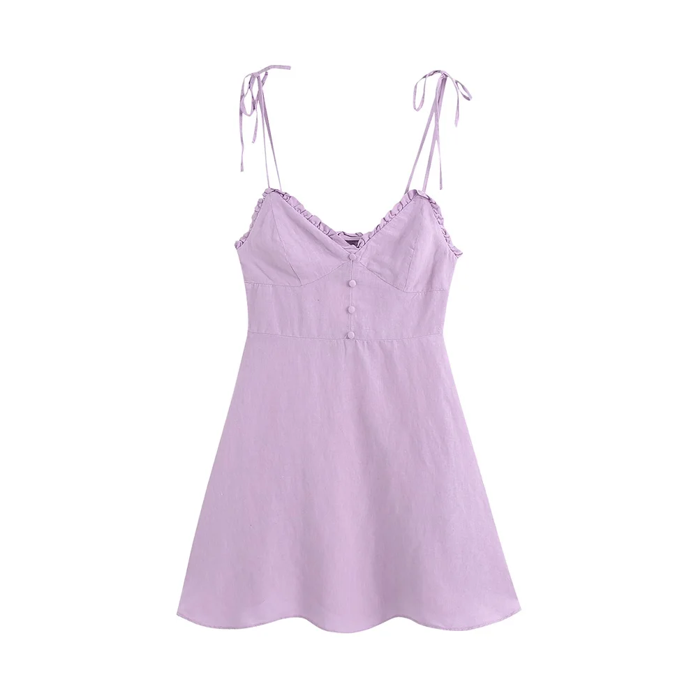 

2021 Fall Women's New Temperament Sexy V-neck Sling Halter Bow Linen Mini Dress