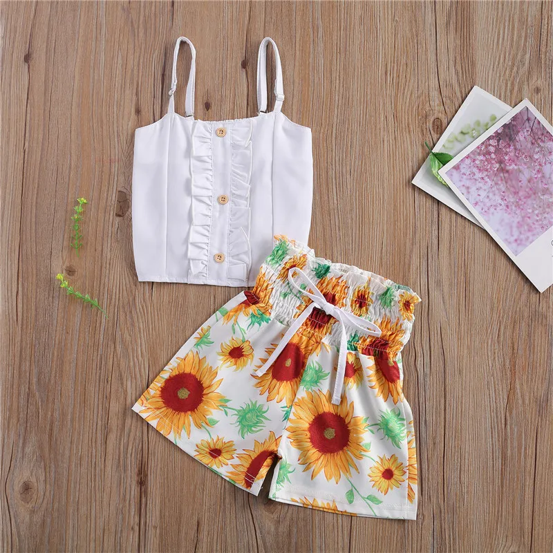 

1-6Y Fashion Kids Girls Clothes Sets 2pcs Toddler Kids Girls Princess Summer Lace Sleeveless Vest Tops Sunflowers Print Shorts