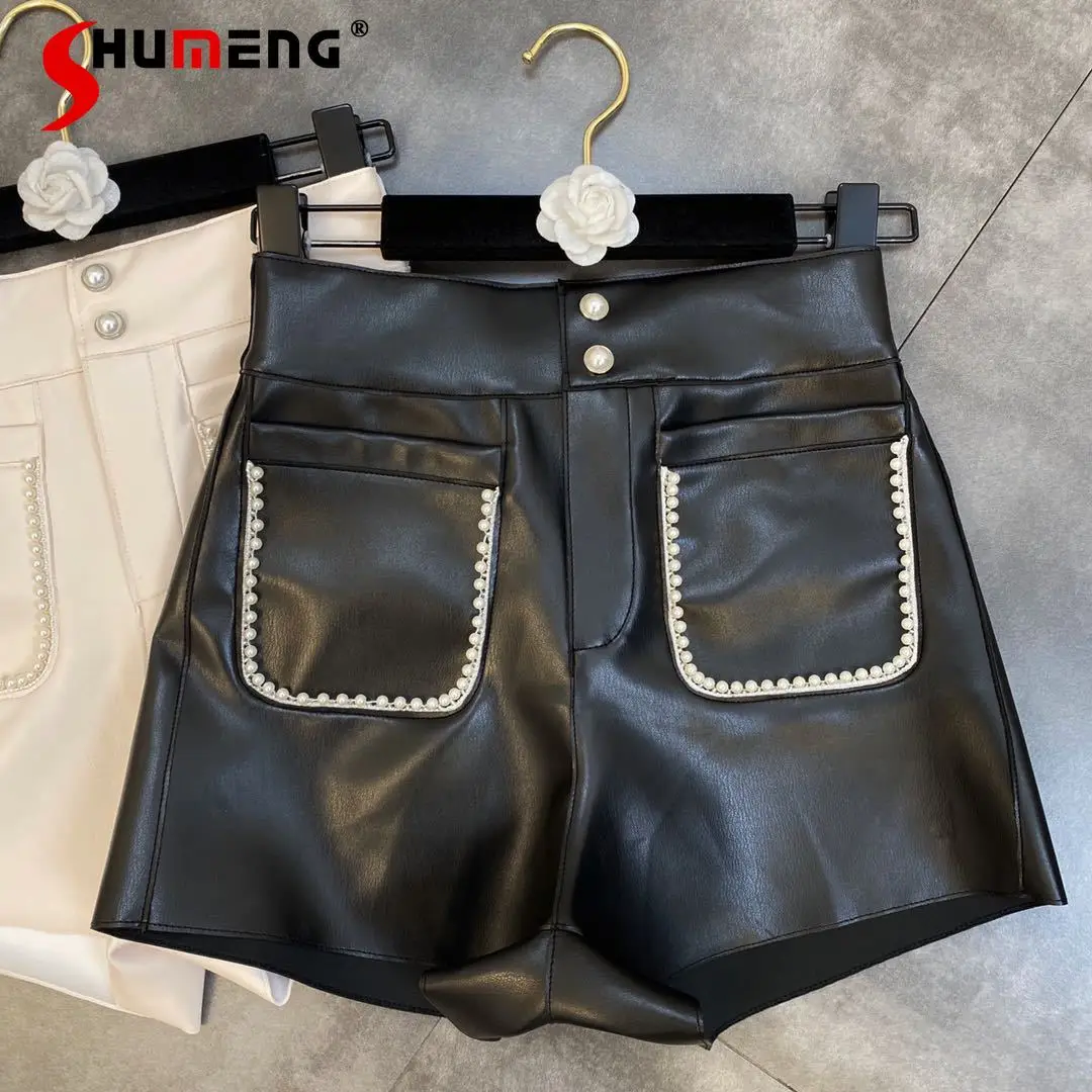 

2021 Autumn New Ladies Bead Design Pocket Fashion Short Pants Women's England Style Streetwear Solid Color High Waist Pu Shorts