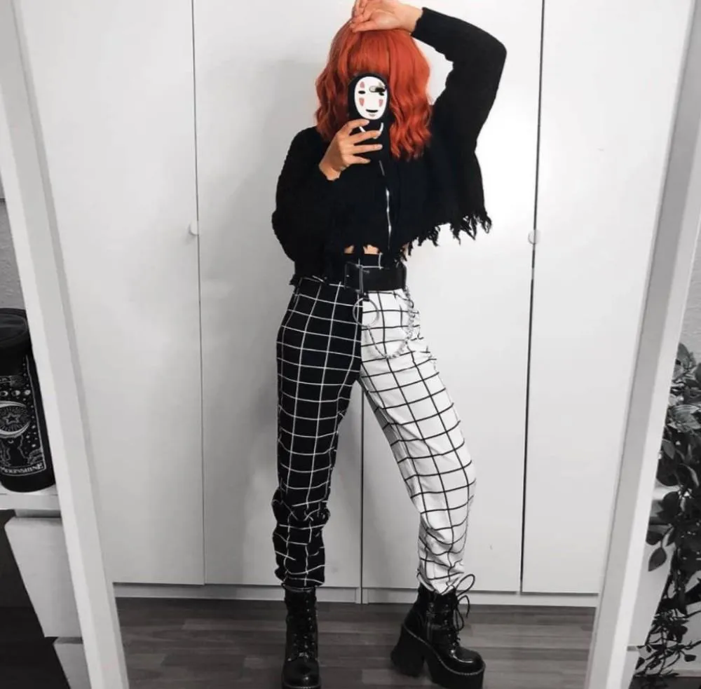 

Hight Waist Straight Loose Long Trousers Streetwear Cool Girls Black and White Checkerboard Patchwork Trousers Cargo Pants