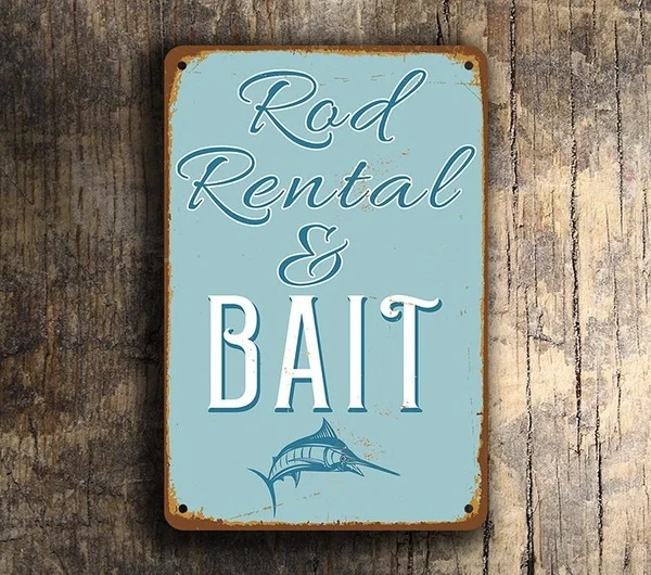 

Fishing Tackle Tin Signs, Vintage Style Rod Rental and Bait Tin Sign, Gift for Fisherman, Ocean Decor, Rod Bait Sign