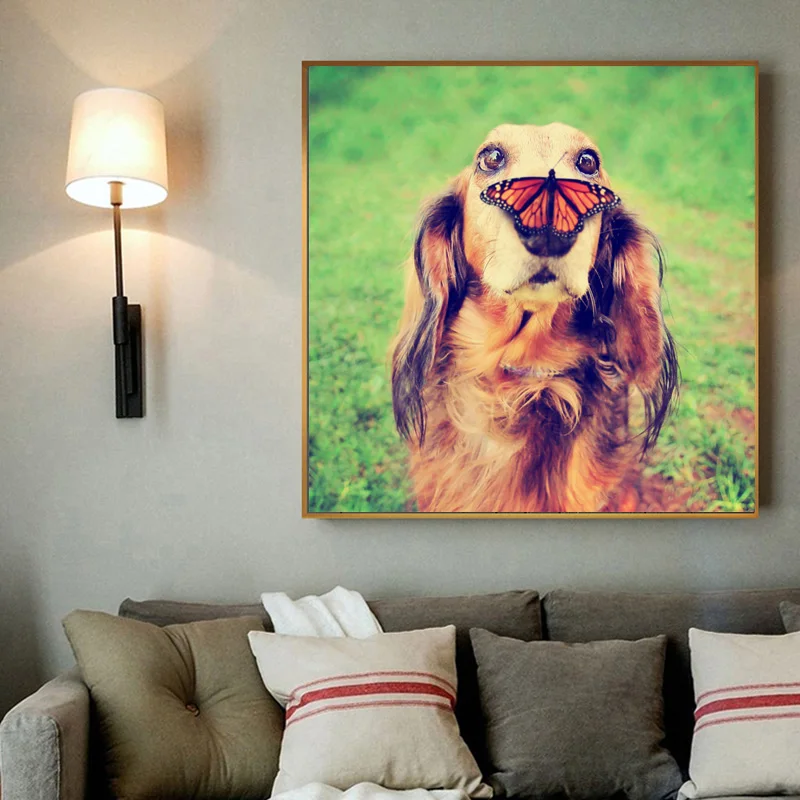 Современная Настенная живопись на холсте милая собака и бабочка постер животные