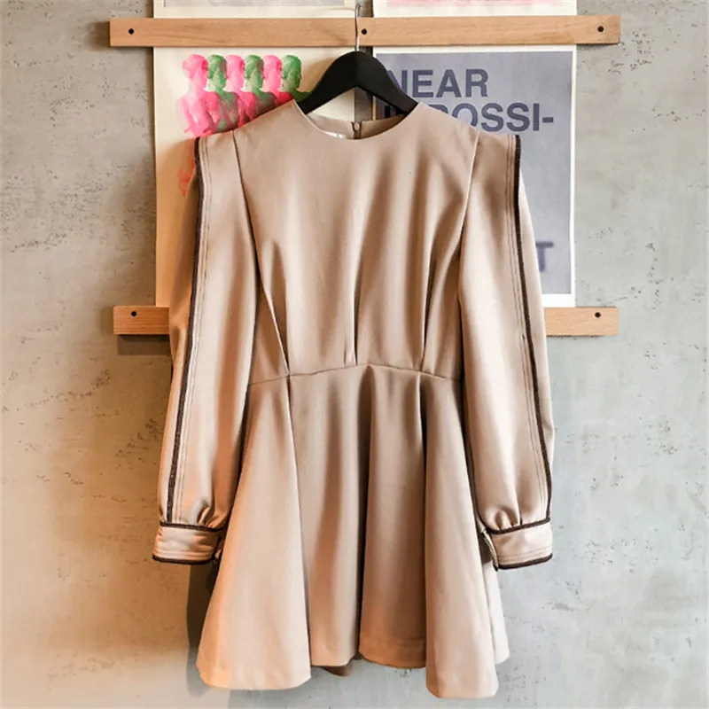 

2020 Spring Korean Office Elegant Women Dress Long Sleeve O-neck Belted Pleated Mini Dresses Fashion Ol Style Solid Vestidos