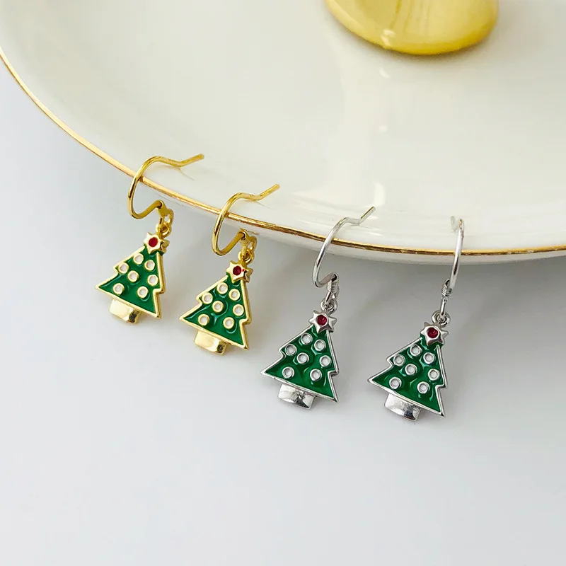 

Милые серьги-подвески из серебра 925 пробы с эмалью и зеленой мультяшной елкой для женщин, рождественский подарок, висячие серьги, Изящные Юв...