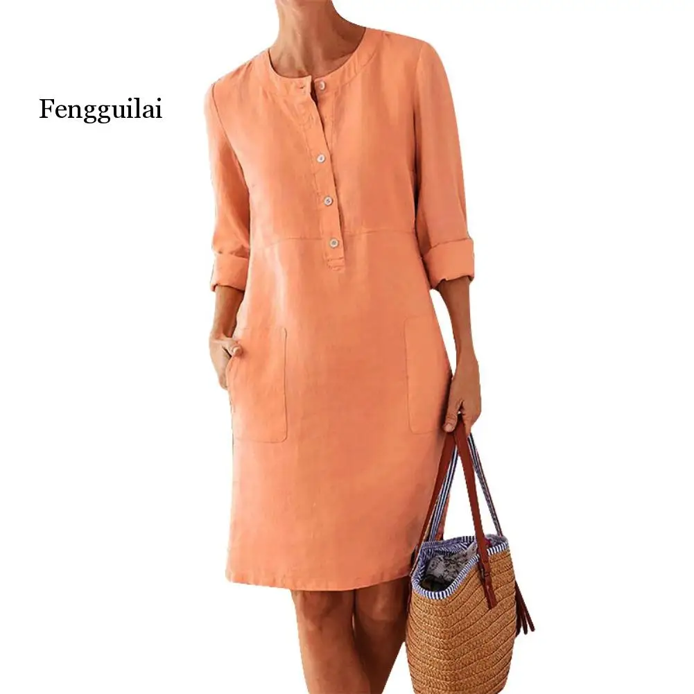 

Женское платье-туника из хлопка и льна, с длинным рукавом