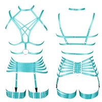 jade green full body harness bra elastic adjust plus size cage bra hollow out strap garters belt goth rave sexy lingerie set