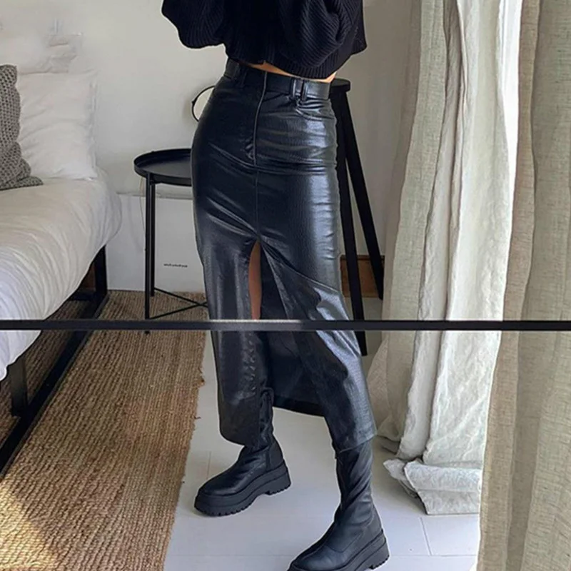 

Vintage Dark Gothic High Split Pu Leather Mid-Calf Skirts Women Elegant Fashion Party Club High Waist Femme Bottom Streetwear O9
