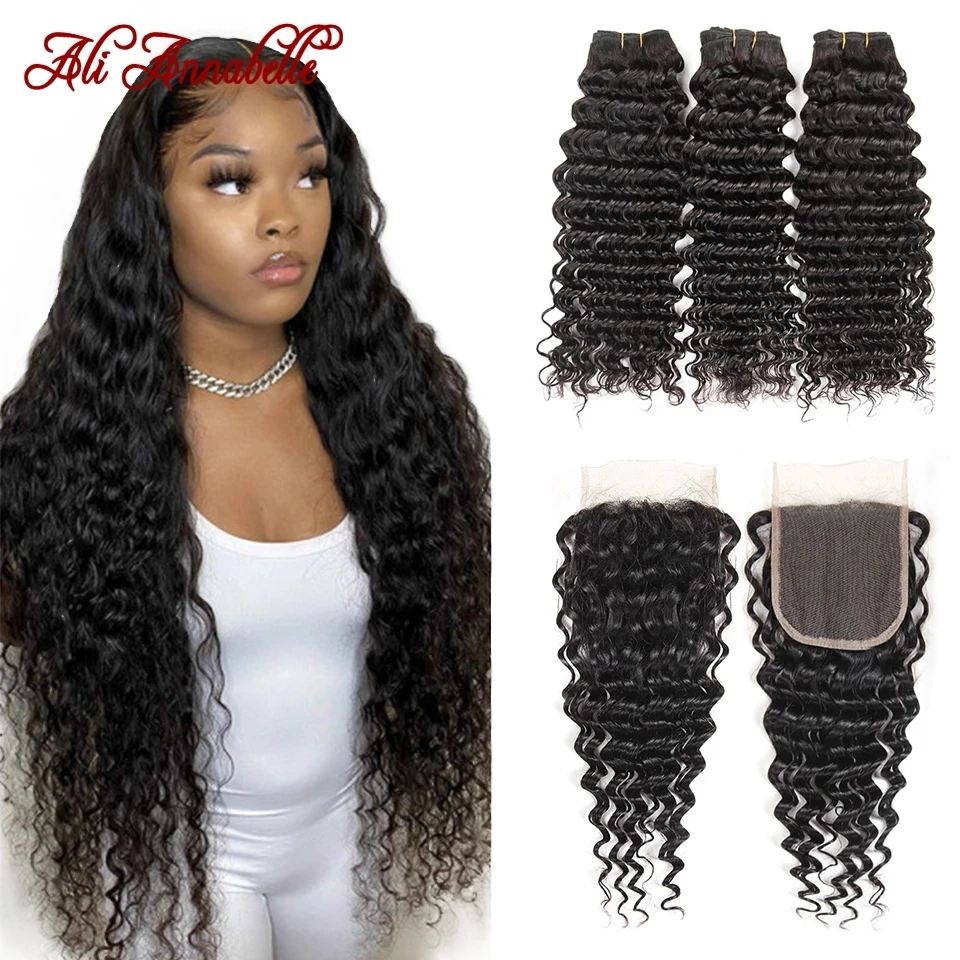 

Ali Annabelle Deep Wave Bundles With Closure Swiss Lace Human Hair Bundles Brazilian Hair Weave Bundles With 4x4 Lace Closure