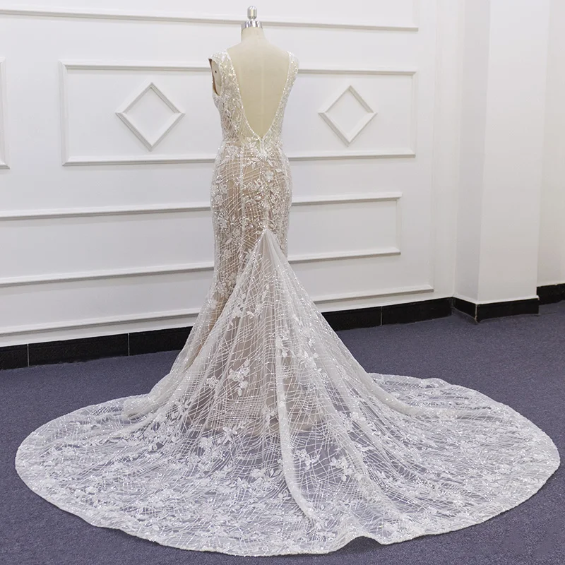 

2020 bridal gown shiny sequins lace V neck champagne deep V back with zipper custom made wedding dresses 19001
