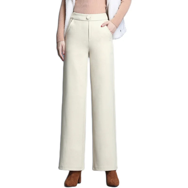 

New Elegant Fashion Women Autumn Winter Woolen Wide Leg Pants High Waist Loose Nine Points Thickening Casual Pants
