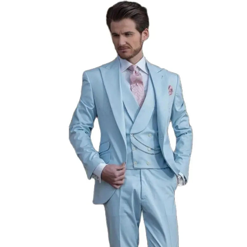 Light Sky Blue Groom Tuxedos Custom Made Peak Lapel Groomsmen Wedding High Quality Mens Prom Suits (Jacket+Pants+Vest) | Мужская одежда