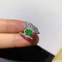 925 pure silver chinese style natural emerald womens noble elegant exquisite plant adjustable gem ring fine jewelry support det