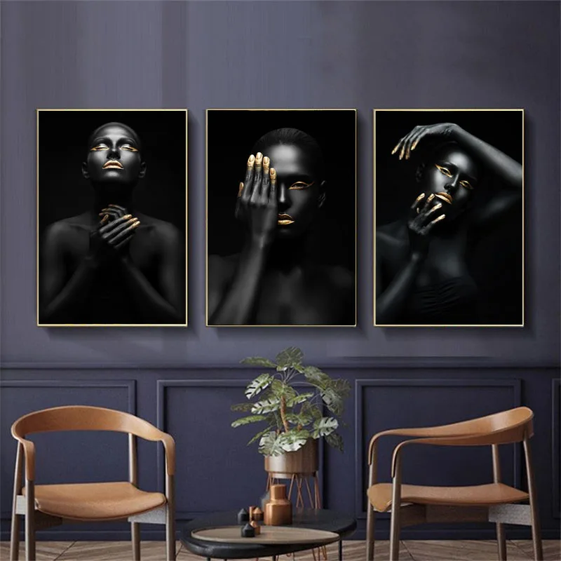 

3PCS African Art Black Golden Women Canvas Paintings Wall Art Prints and Posters Wall Art Pictures for Living Room Home Decor