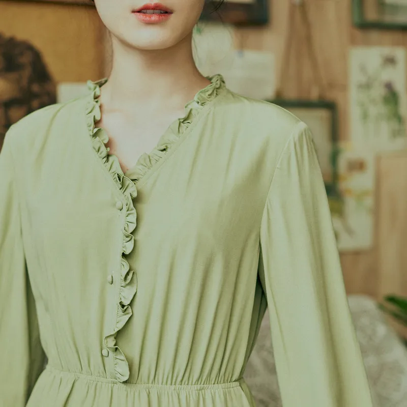 INMAN весенне осеннее приталенное плиссированное платье с длинными рукавами и v