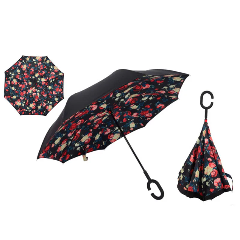 Red Floral Ветрозащитный обратный складной двухслойный перевернутый Chuva зонтик самостоящий наизнанку защита от дождя c-крюк руки для автомобиля - Цвет: Red Floral