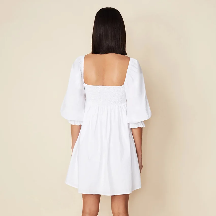 

Charming Square Collar Three Quarter Sleeve Women Dress 2021 Sexy White Cotton Pullover Knee Length Dress for Women Real Photo
