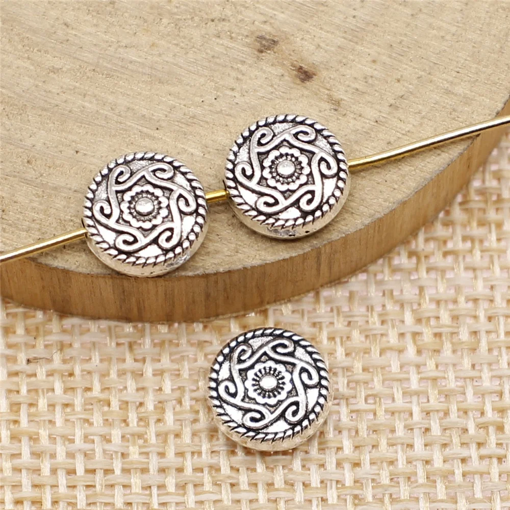 

59pcs 9mm antique silver Round pattern small hole flat bead beads charms diy retro jewelry fit Earring keychain pendant