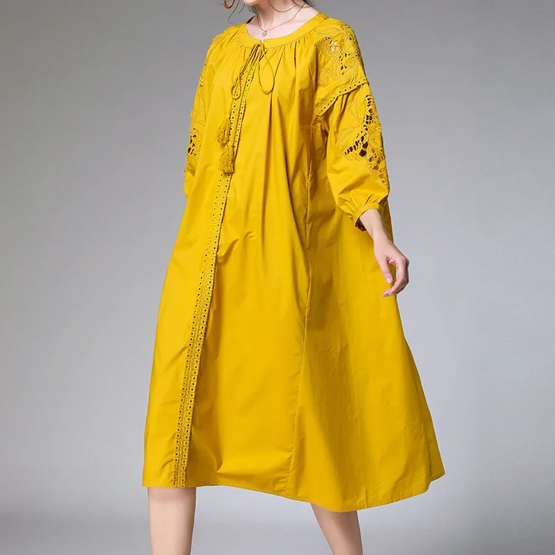 

BEAUTANA Oversize Midi Dress for Pregnant Women Solid Embroidery O Neck Long Sleeve A Line Loose Cotton Vestidos Summer Clothes