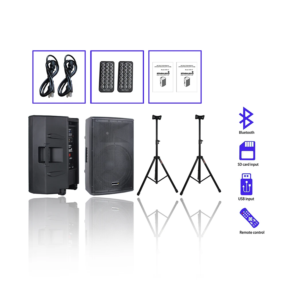 

Professional Pair 4000W Powered 15 Inch Active PA DJ Bluetooth Speakers System Stage Audio Party Speaker Stands SHD-15+SSS-018