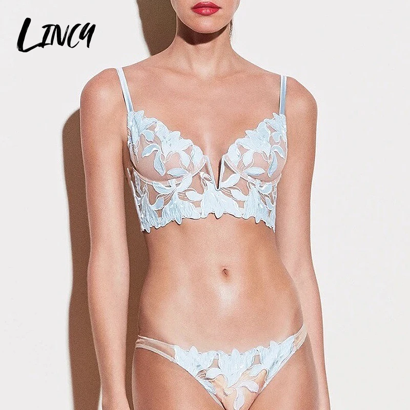 

Sensual Lingerie Woman Lace Underwear Set Floral Embroidery Bras Thongs Panties Sets Deep V Bralette Ultra-thin Panty Intimates