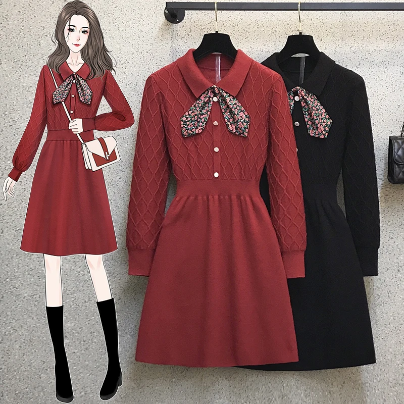 

plus size Elegant Office Ladies Bow Mini Sweater Dresses Winter Thick Warm Patchwork Button Long Sleeve Knitted A-Line Dress
