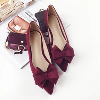 2020 autumn new bow pointed toe flat shoes women wedding shoes flock leather big bowknot solid color plus small size 33 34 43 44