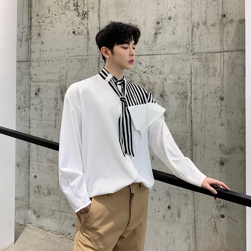 

2019 Men's Clothing Stripe Tie Long Sleeve Classic Style Patchwork Hawaiian Shirt Two Color French Cuff Mens Fashion Shirts