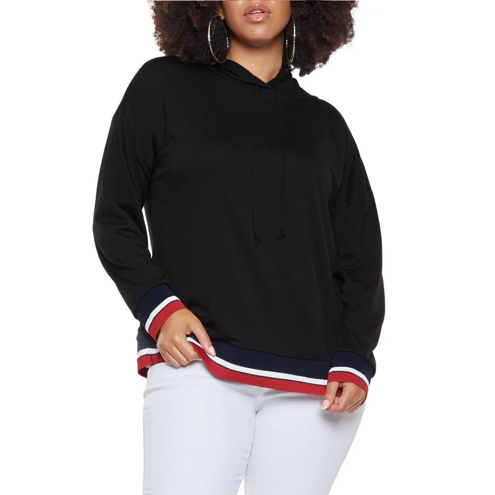 

Триколор полосатая отделка размера плюс толстовка большая женская блузка 2019 в полоску с длинным рукавом Свободная шляпа защита