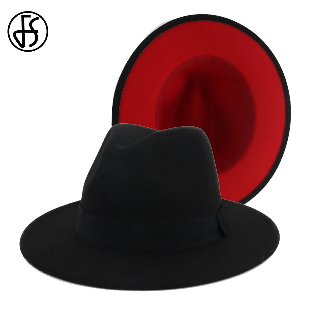 

FS Black Red Patchwork Wool Felt Fedora Hat For Women Jazz With Ribbon Men Wide Brim Panama Trilby Bowler Elegant Church Cap