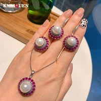 charms 925 sterling silver 12mm white color pearl ruby gemstone pendant necklace ring earrings for women wedding jewelry sets