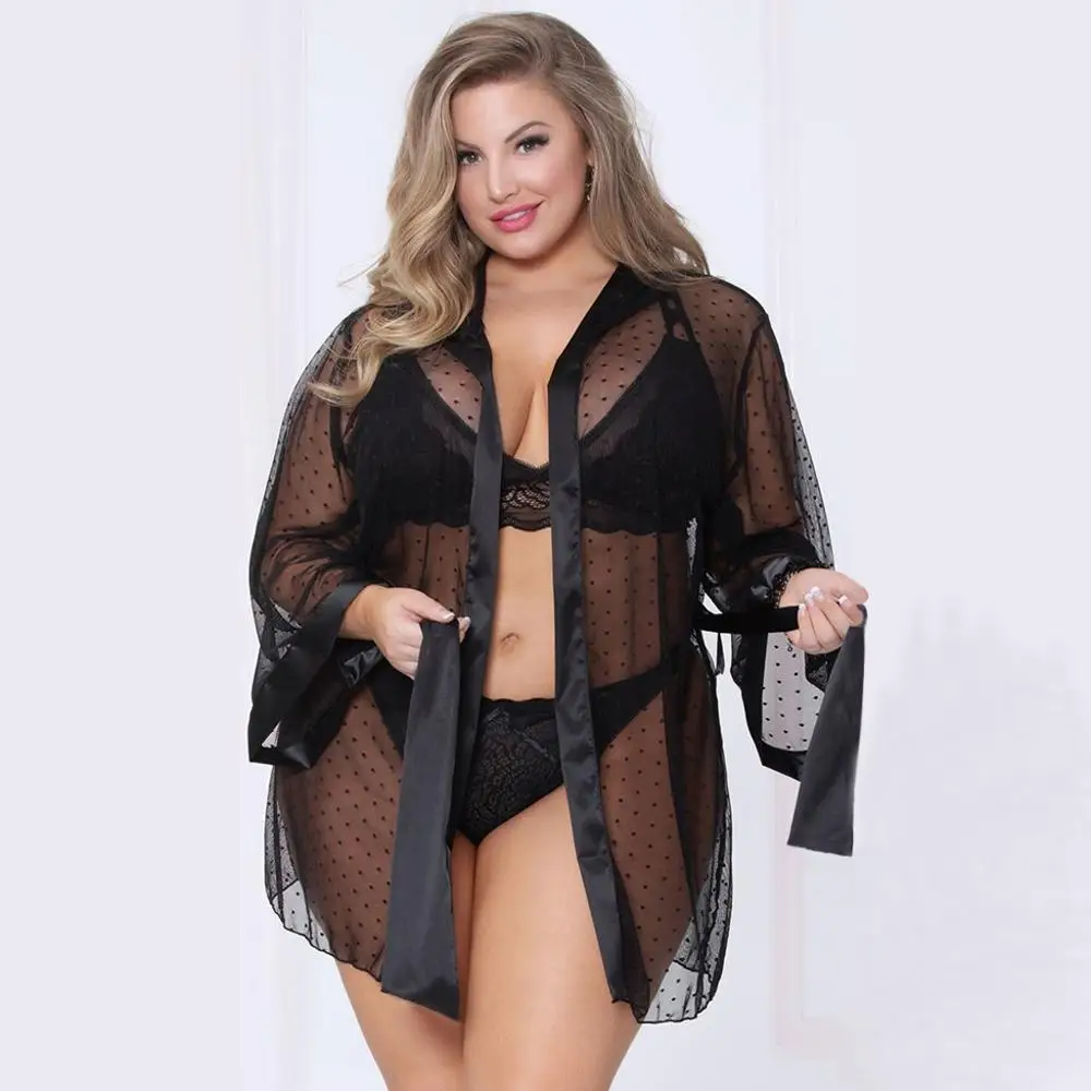 Женское каваи белье Lenceria Mujer сексуальный плюс размер 5XL халат в горошек сетка сексуальное нижнее белье Ночное белье халат с длинными рукавами A40