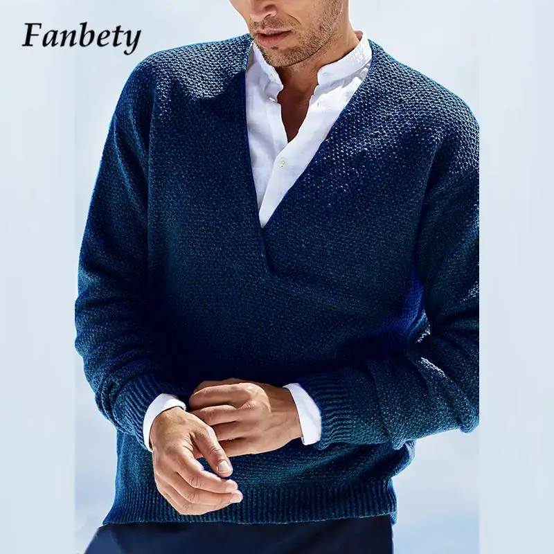 

2021 Fashion V-Neck Knitted Long Sleeve Warm Sweater Mens Autumn Jumper Tops Mens Casual Loose Solid Sweaters Winter Streetwear
