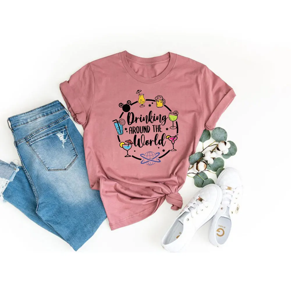 

Футболка для отпуска по всему миру, забавная вечерние ская футболка для вечеринки, топ с милым принтом и коротким рукавом, Epcot, пиво и вино H0850