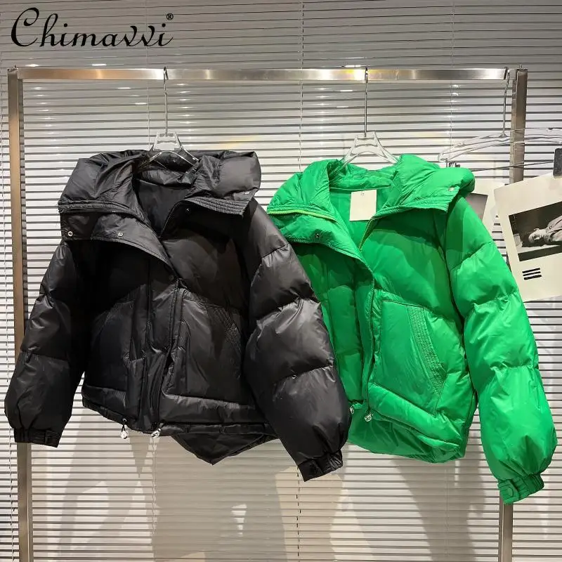 

2021 Winter Fashion Solid Color Double Pocket Hooded Short Cotton Jacket Loose Long Sleeve All-Match Warm Cotton-Padded Coat
