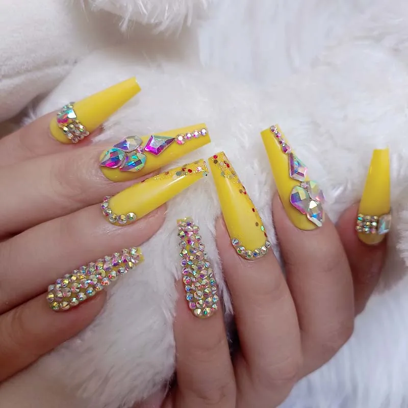 24pcs New design luxury jewelry long ballet coffin fake nails crystal diamond Lemon yellow