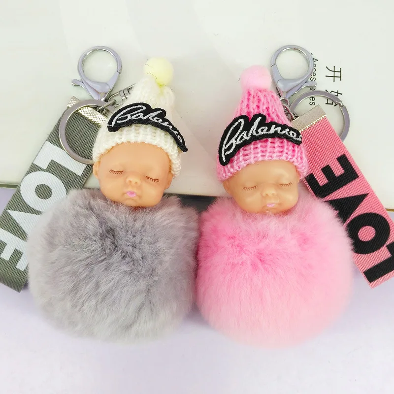 Новый пушистый искусственный кроличий мех помпон Спящая детская цепочка для