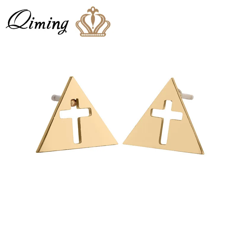 QIMING Нержавеющая сталь крест Треугольники серьги-гвоздики золотые серьги-кольца