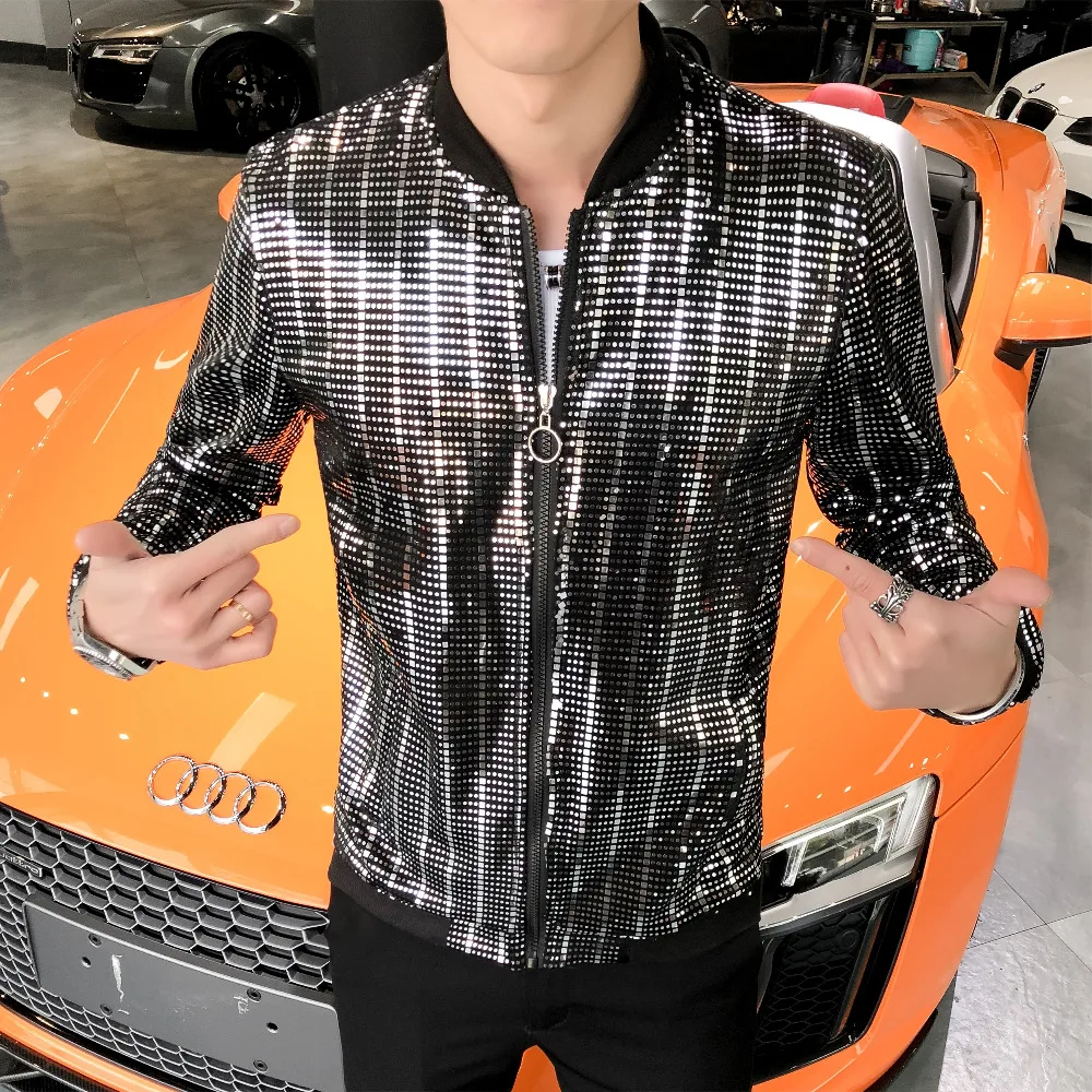 

Punk Style Sequins Jacket Mens Thin Stretch Slim Fit Outerwear Coat 2020 Summer Streetwear Night club Uniform Stage Jackets